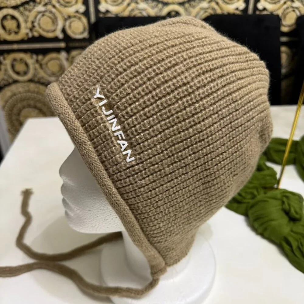 New Beige Knit Winter Bonnet Hat With Ties